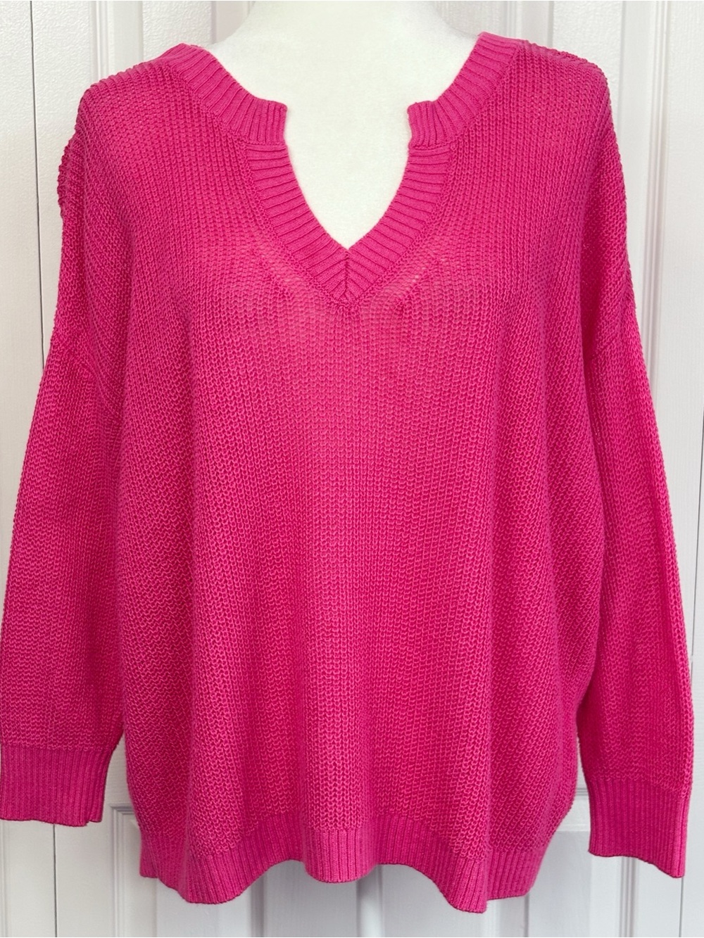Nic + Zoe Pink Linen Blend Lightweight Open Knit Relaxed V-Neck Sweater XL